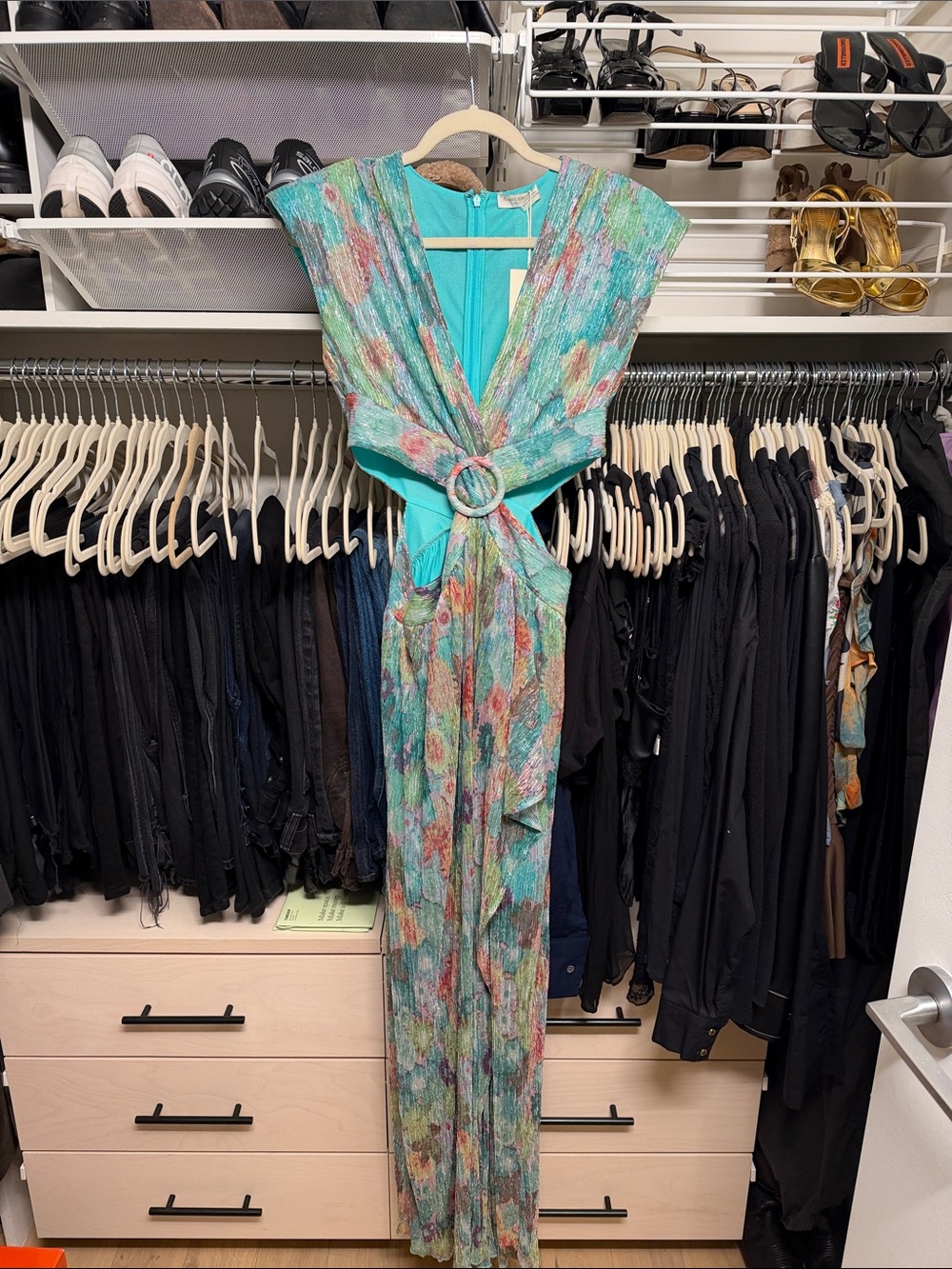 Ramy Brook Turquoise Multicolor Floral Ring-Front maxi dress